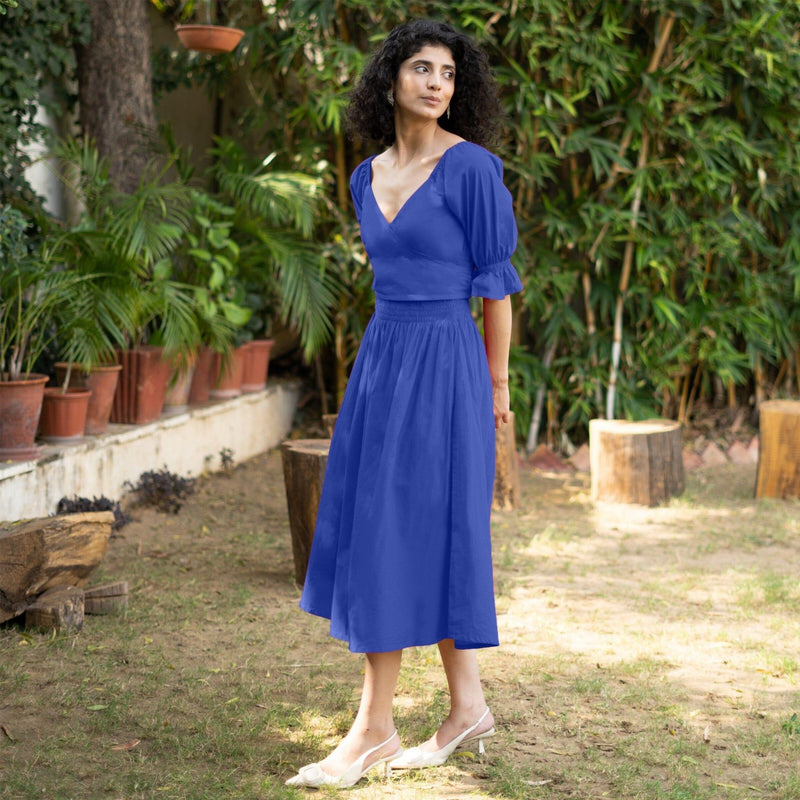 Royal Blue Cotton Poplin V-Neck Gathered Midi Wrap Dress