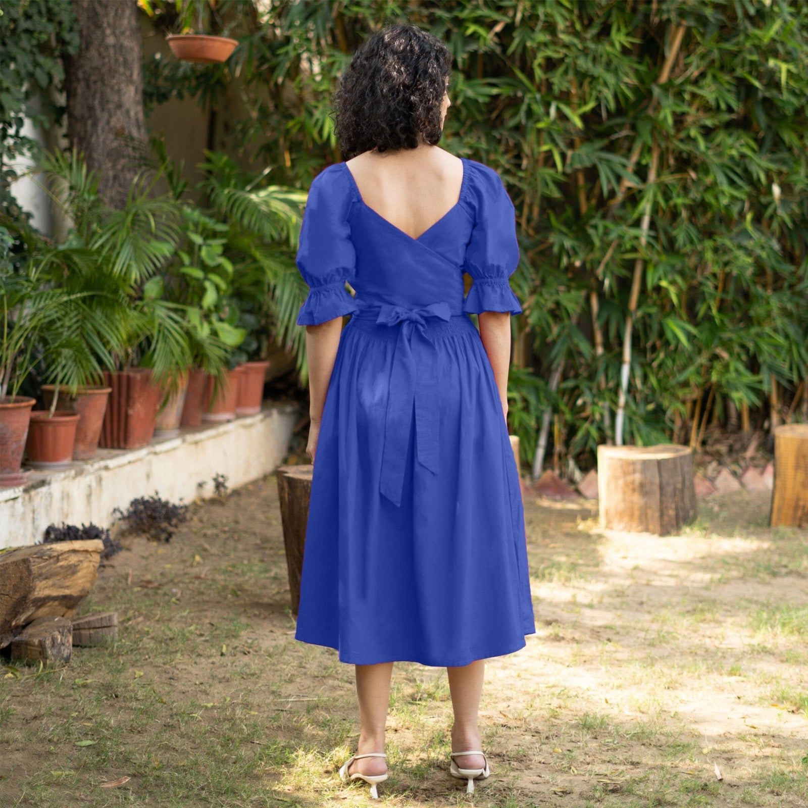 Royal Blue Cotton Poplin V-Neck Gathered Midi Wrap Dress 30" / Petite (5'1" and below) Royal Blue Cotton Poplin V-Neck Gathered Midi Wrap Dress 30" / Petite (5'1" and below)