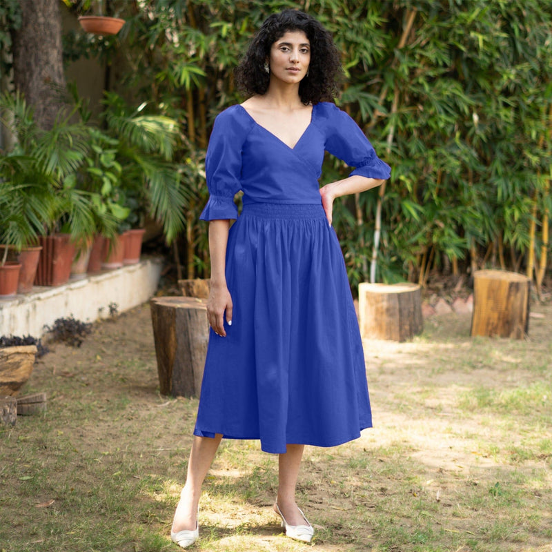 Royal Blue Cotton Poplin V-Neck Gathered Midi Wrap Dress