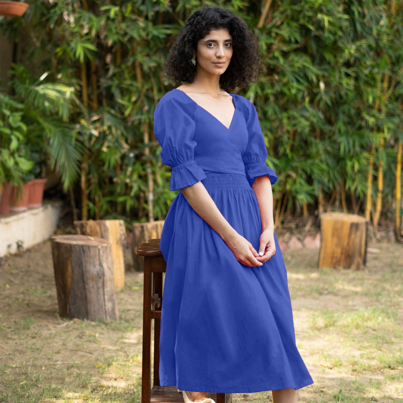 Royal Blue Cotton Poplin V-Neck Gathered Midi Wrap Dress 68" / Custom Height (Free) Royal Blue Cotton Poplin V-Neck Gathered Midi Wrap Dress 68" / Custom Height (Free)