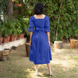 Royal Blue Cotton Poplin V-Neck Gathered Midi Wrap Dress