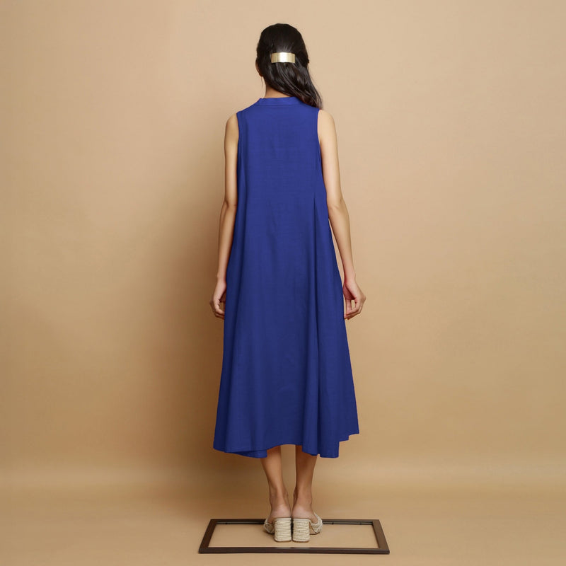 Royal Blue Hand-Embroidered Cotton Poplin Sleeveless Midi Dress