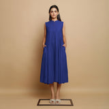Royal Blue Hand-Embroidered Cotton Poplin Sleeveless Midi Dress