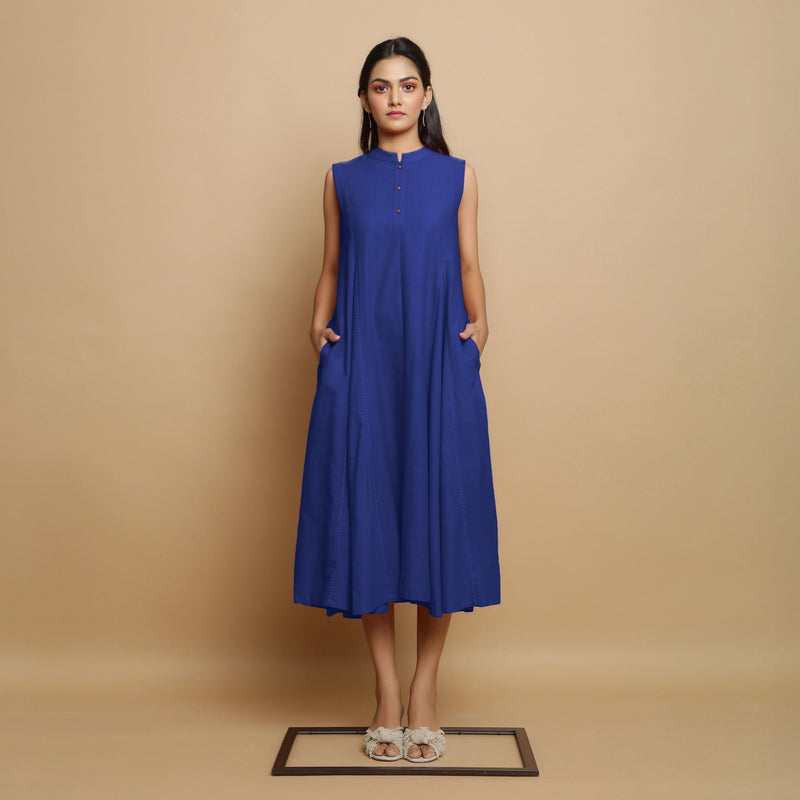 Royal Blue Hand-Embroidered Cotton Poplin Sleeveless Midi Dress