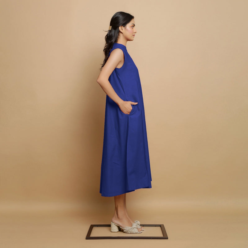 Royal Blue Hand-Embroidered Cotton Poplin Sleeveless Midi Dress