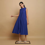 Royal Blue Hand-Embroidered Cotton Poplin Sleeveless Midi Dress