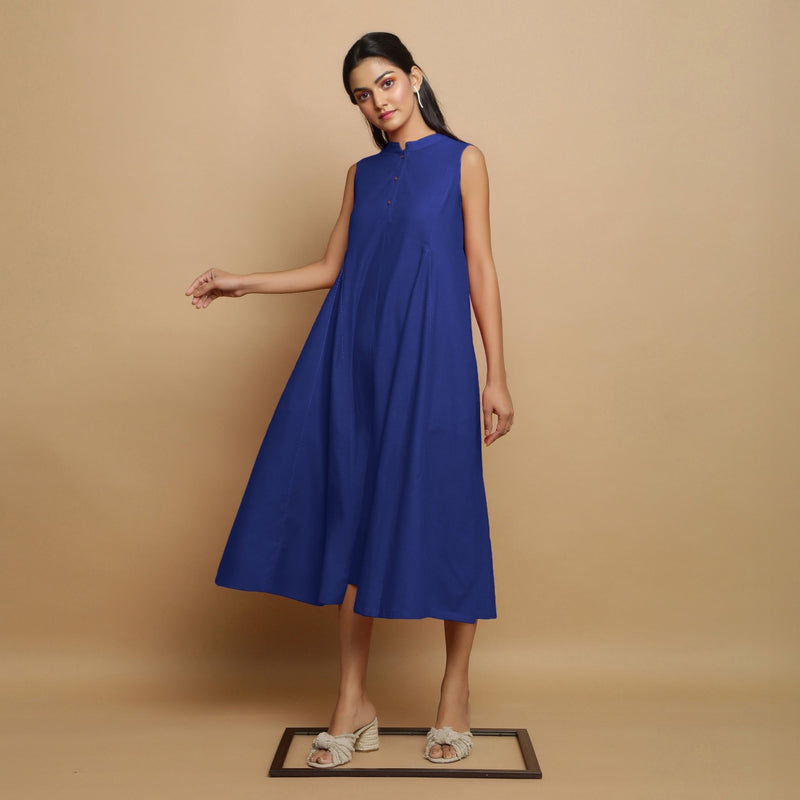 Royal Blue Hand-Embroidered Cotton Poplin Sleeveless Midi Dress