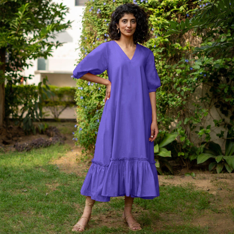 Royal Purple Cotton Poplin A-Line Deep Neck Maxi Tier Dress