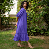 Royal Purple Cotton Poplin A-Line Deep Neck Maxi Tier Dress