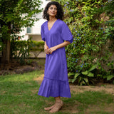 Royal Purple Cotton Poplin A-Line Deep Neck Maxi Tier Dress