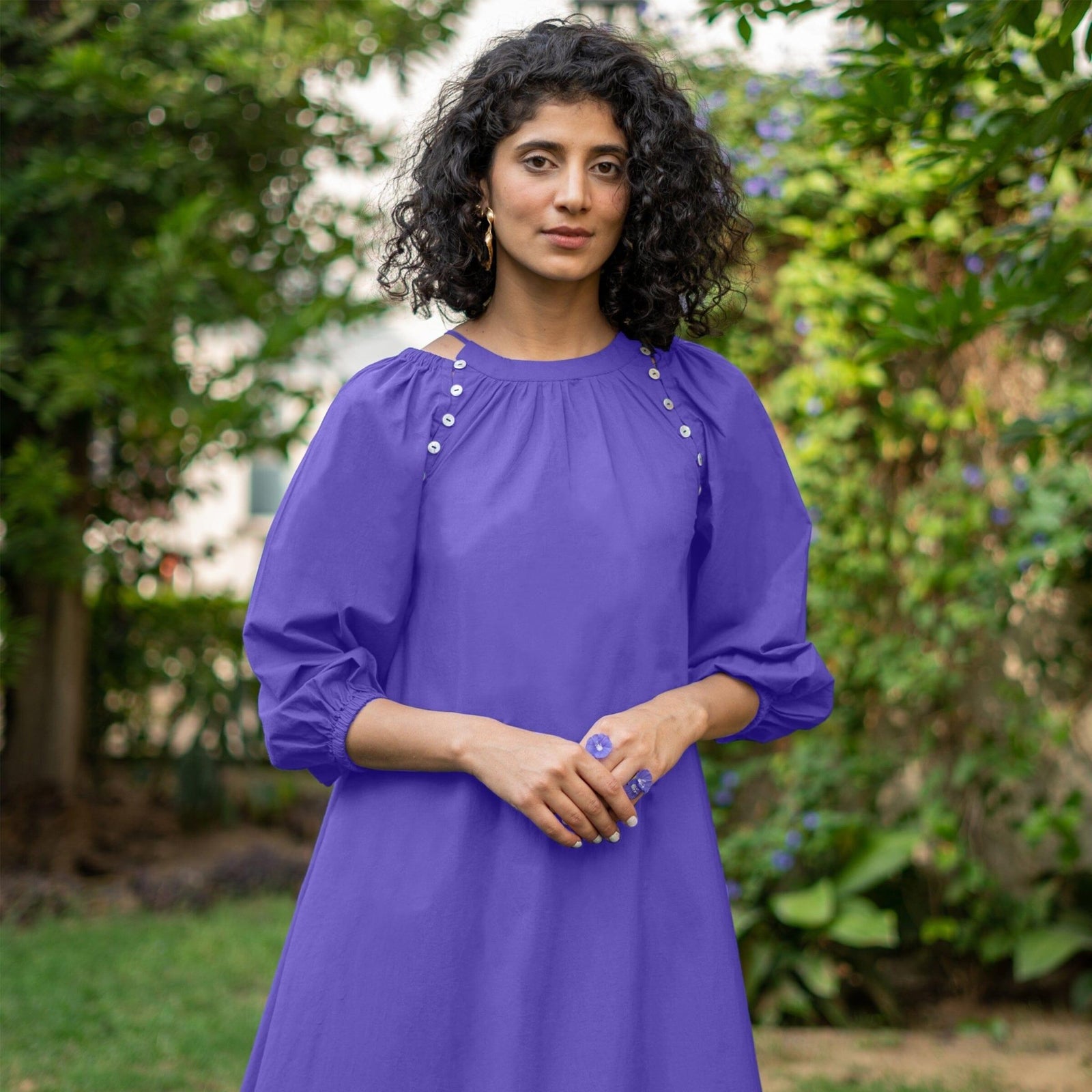 SeamsFriendly Royal Purple Cotton Poplin A Line Detachable Sleeve Flared Midi Dress 56 Petite 5 1 and Below
