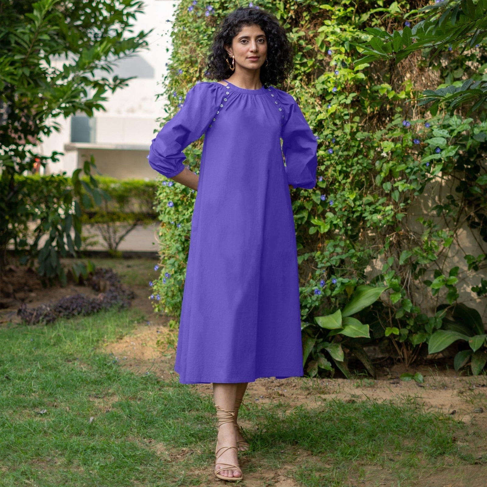 Buy Royal Purple Cotton Poplin A-Line Detachable Sleeve Flared