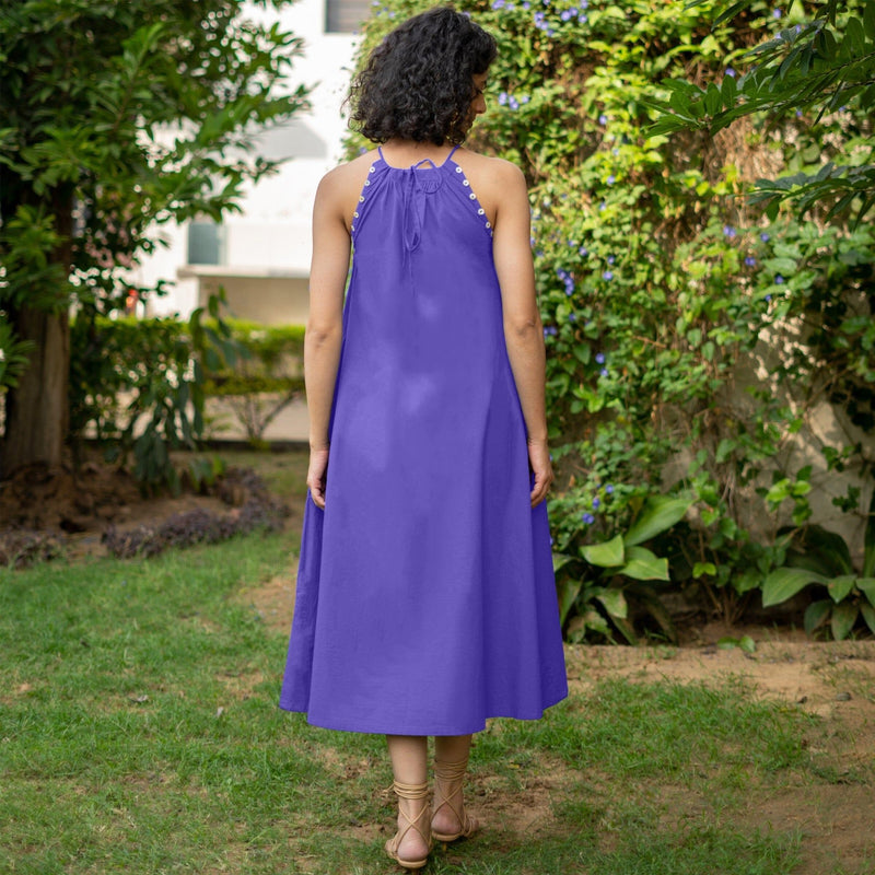 Royal Purple Cotton Poplin A-Line Detachable Sleeve Flared Midi Dress 56