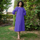 Royal Purple Cotton Poplin A-Line Detachable Sleeve Flared Midi Dress