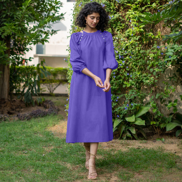 Royal Purple Cotton Poplin A-Line Detachable Sleeve Flared Midi Dress