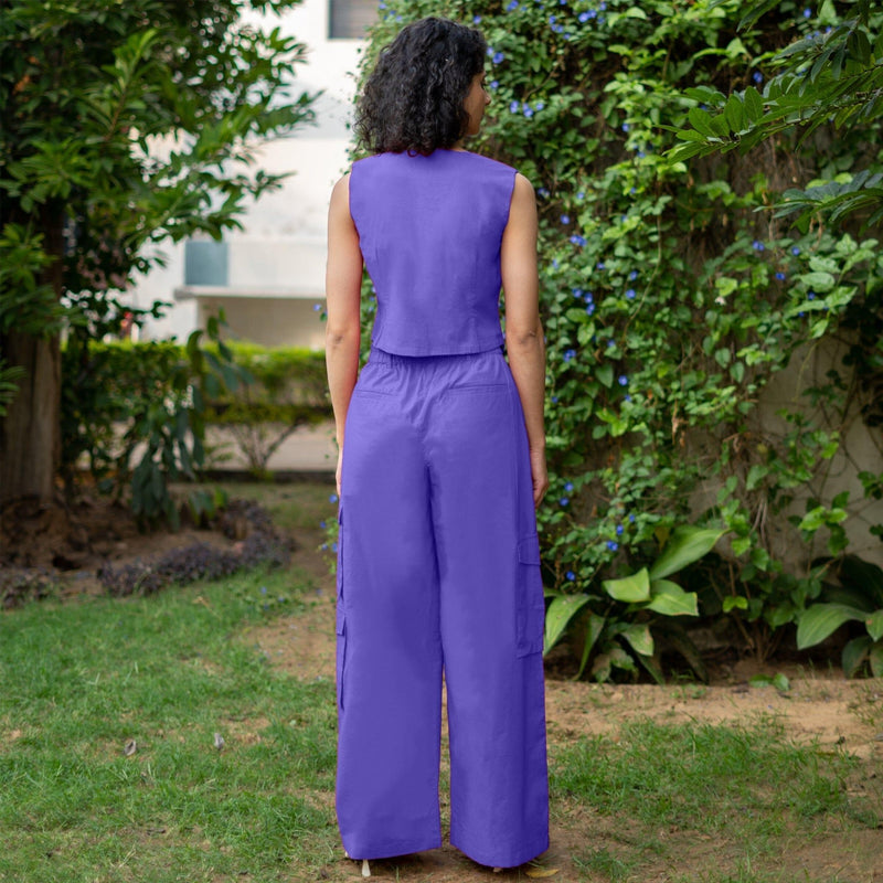 Royal Purple Cotton Poplin High-Rise Elasticated Wide Legged Cargo Pant