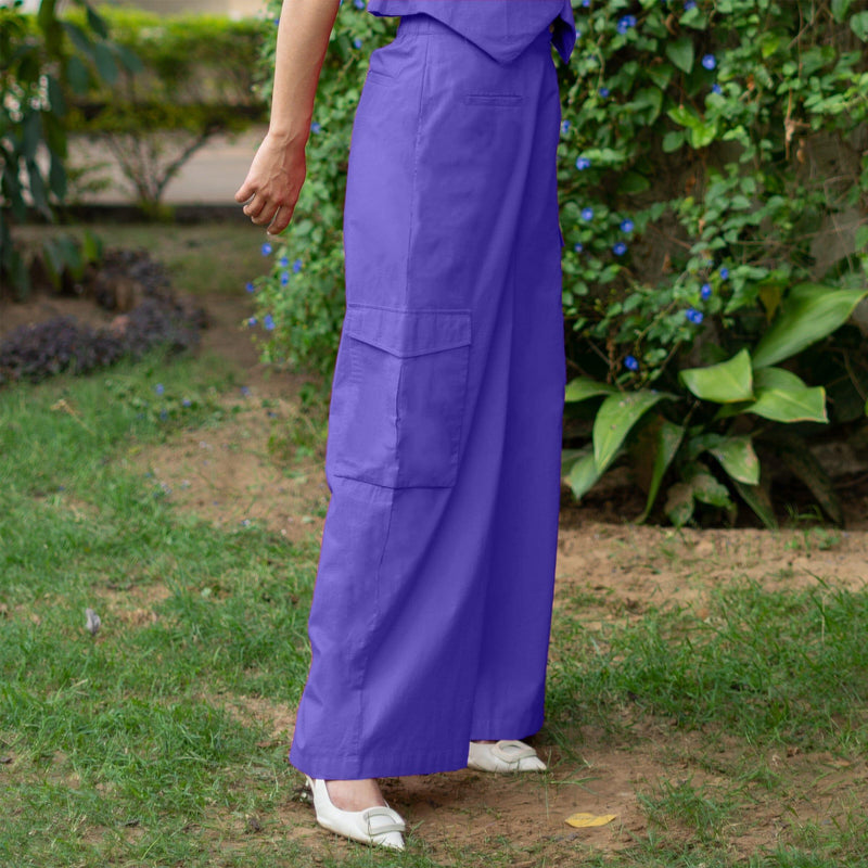 Royal Purple Cotton Poplin High-Rise Elasticated Wide Legged Cargo Pant