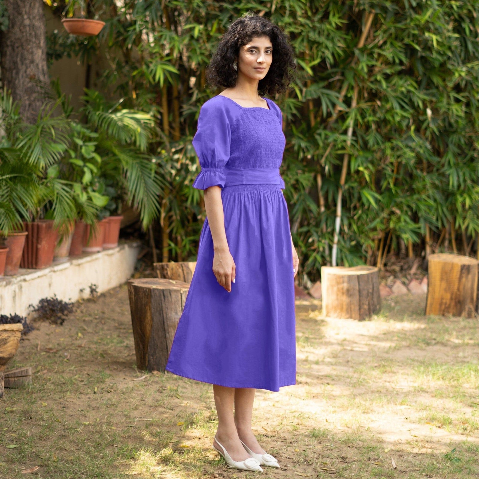 Buy Royal Purple Cotton Poplin V-Neck Gathered Midi Wrap Dress