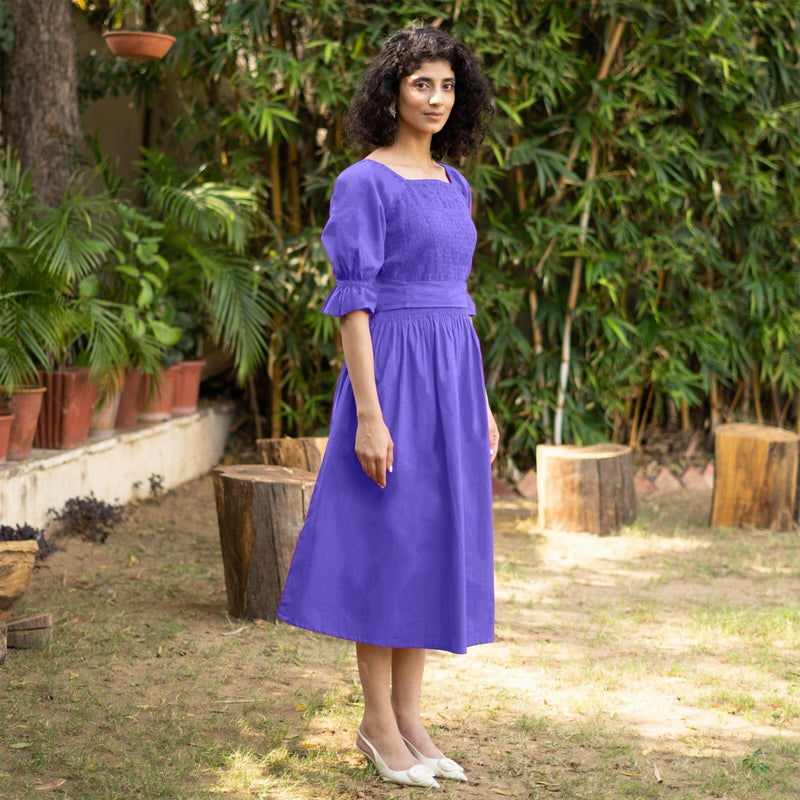 Royal Purple Cotton Poplin V-Neck Gathered Midi Wrap Dress