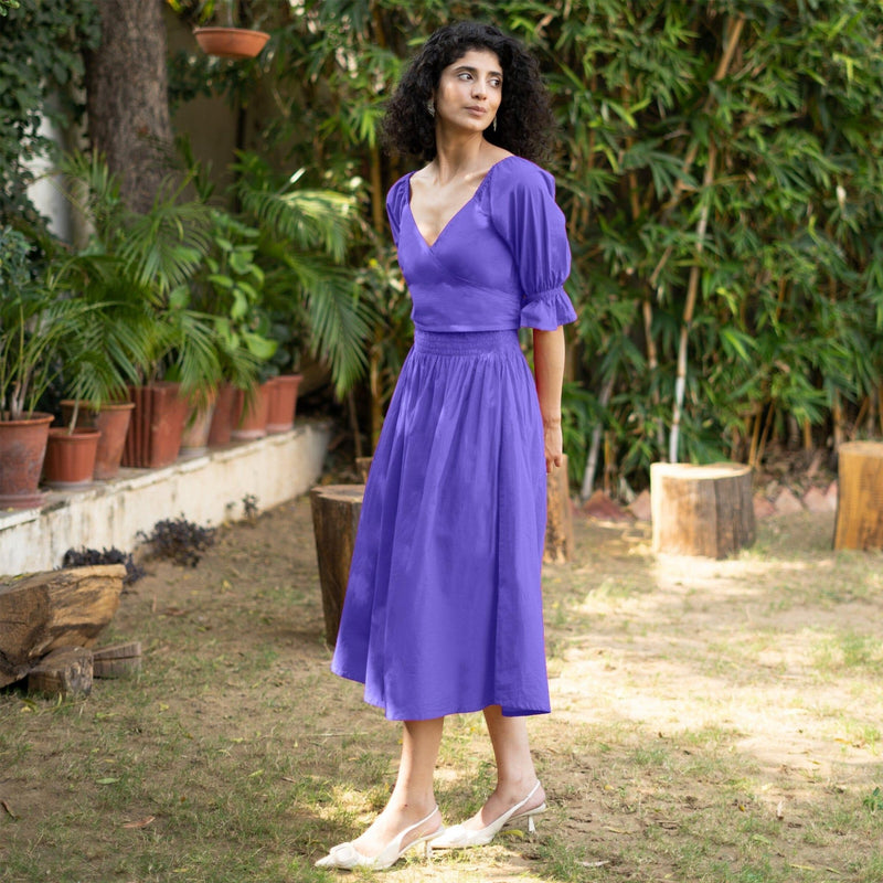 Royal Purple Cotton Poplin V-Neck Gathered Midi Wrap Dress 68