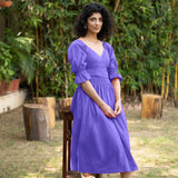 Royal Purple Cotton Poplin V-Neck Gathered Midi Wrap Dress