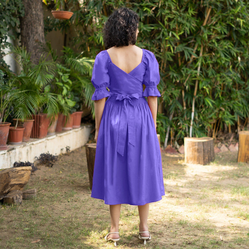 Royal Purple Cotton Poplin V-Neck Gathered Midi Wrap Dress