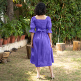 Royal Purple Cotton Poplin V-Neck Gathered Midi Wrap Dress