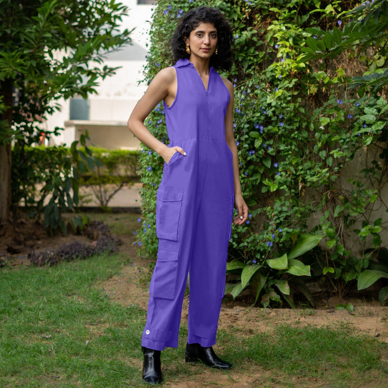 Royal Purple Cotton Poplin V-Neck Sleeveless Cargo Jumpsuit 38" / Custom Height (Free) Royal Purple Cotton Poplin V-Neck Sleeveless Cargo Jumpsuit 38" / Custom Height (Free)