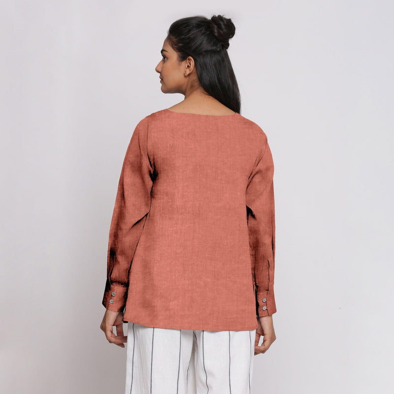 Rust 100% Linen Flared Tunic Top