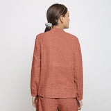 Back View of a Model wearing Rust 100% Linen Mandarin Collar Full Sleeve Shirt