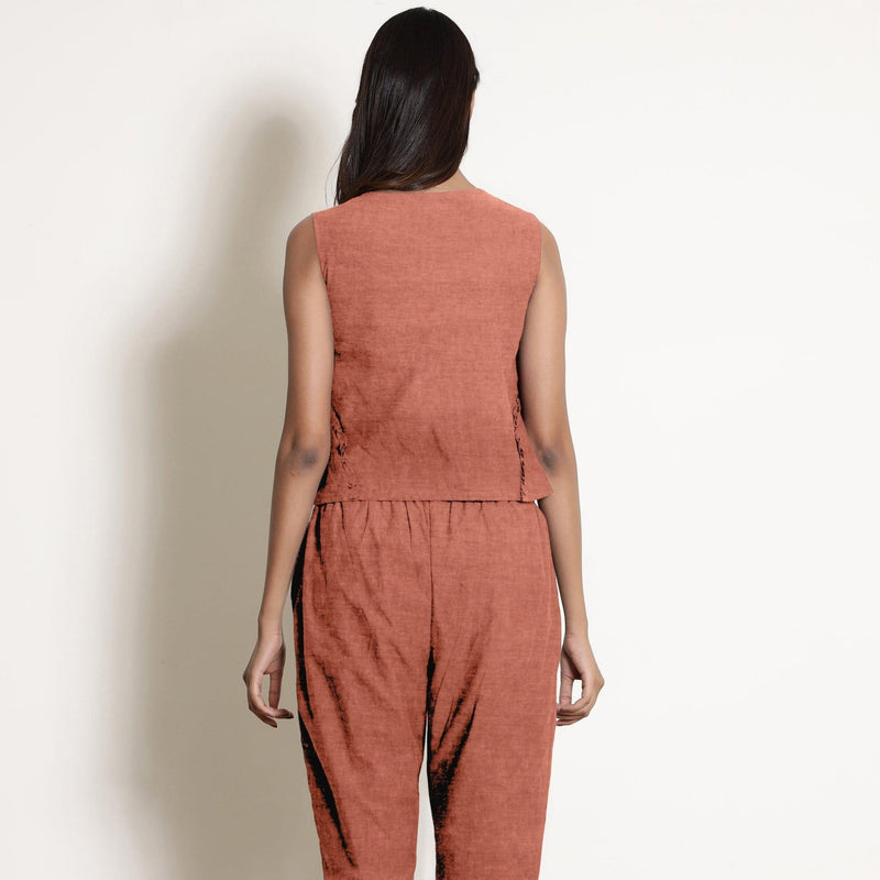 Rust 100% Linen V-Neck Frilled Godet Top