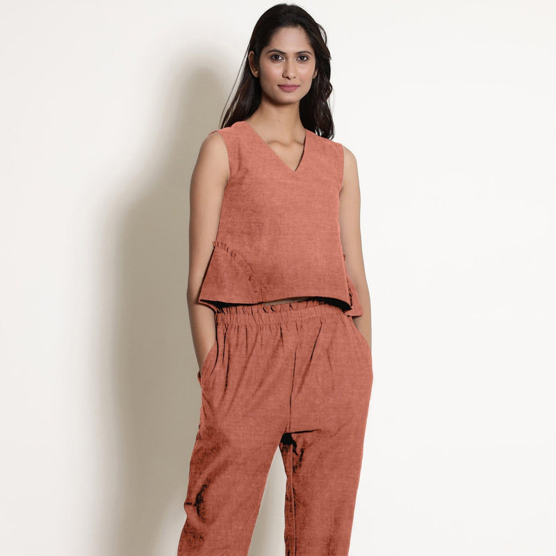 Rust 100% Linen V-Neck Frilled Godet Top