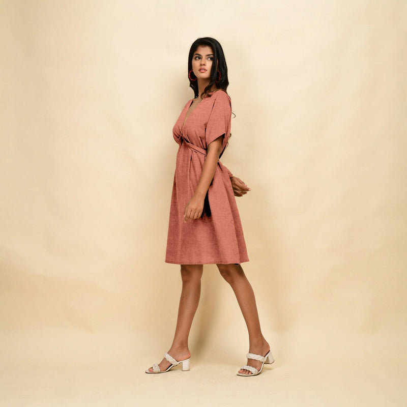 Rust 100% Linen V-Neck Knee Length Blouson Dress