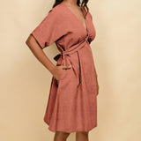 Rust 100% Linen V-Neck Knee Length Blouson Dress