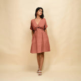 Rust 100% Linen V-Neck Knee Length Blouson Dress