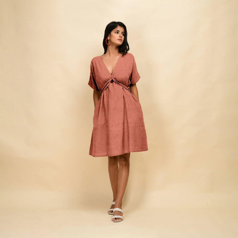 Rust 100% Linen V-Neck Knee Length Blouson Dress