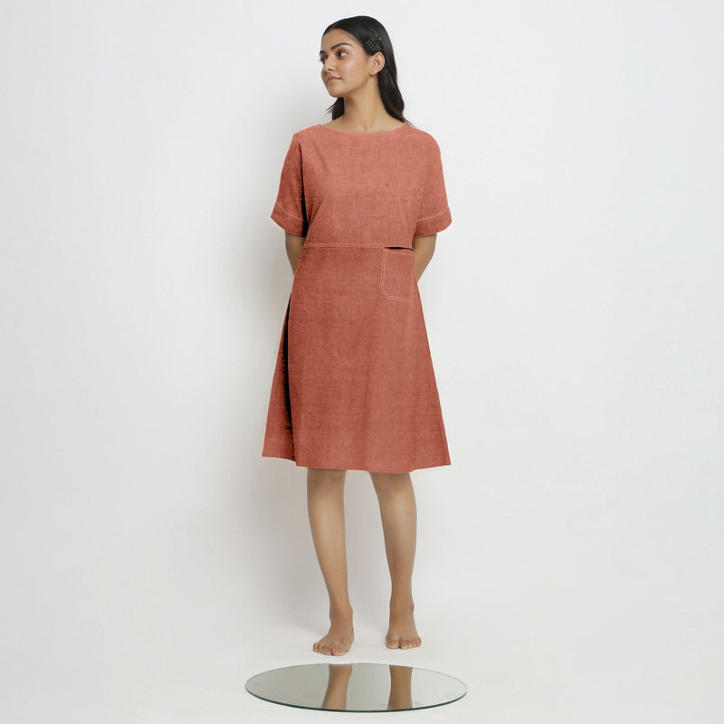 Front View of a Model wearing Rust 100% Linen Yoked Knee Length Shift Dress