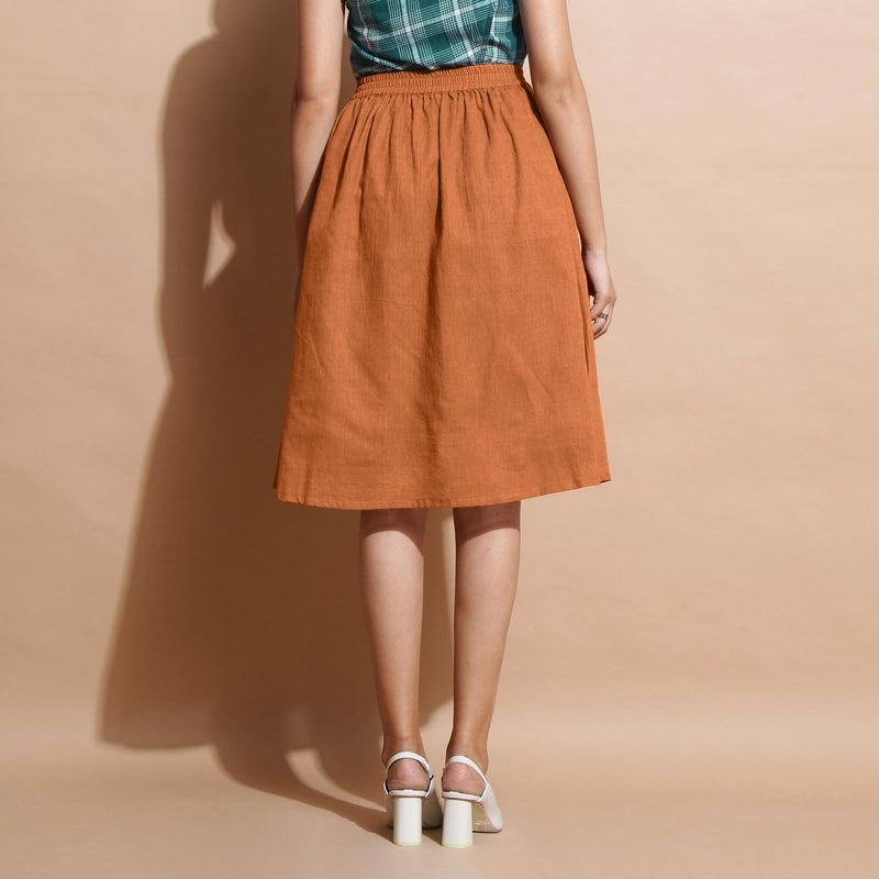 Rust Cotton Flared Elasticated Knee Length Skirt