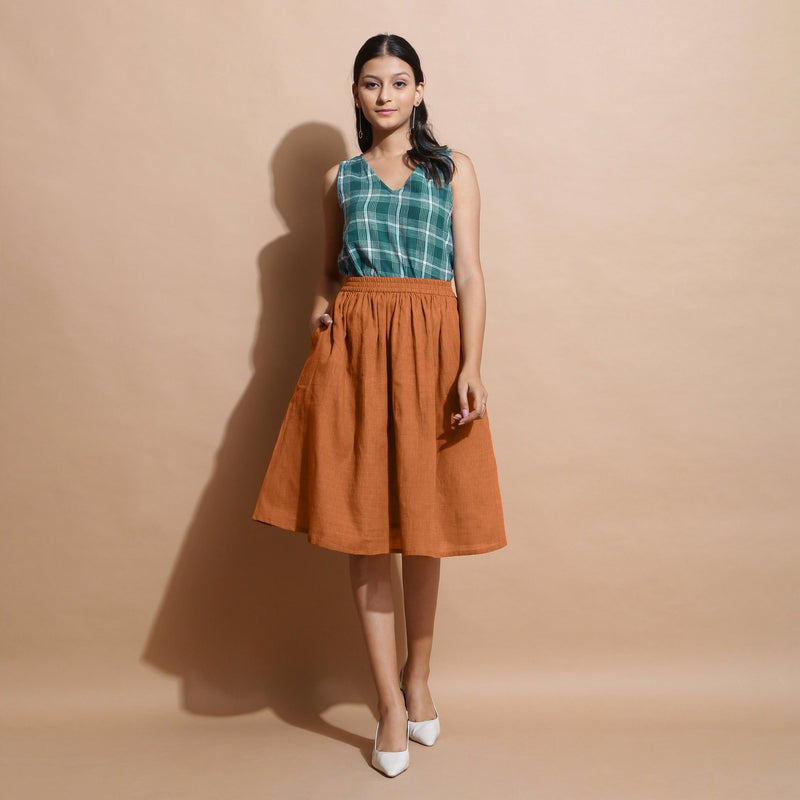 Rust Cotton Flared Elasticated Knee Length Skirt