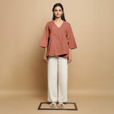 Rust Cotton Linen Asymmetrical V-Neck Godet Top