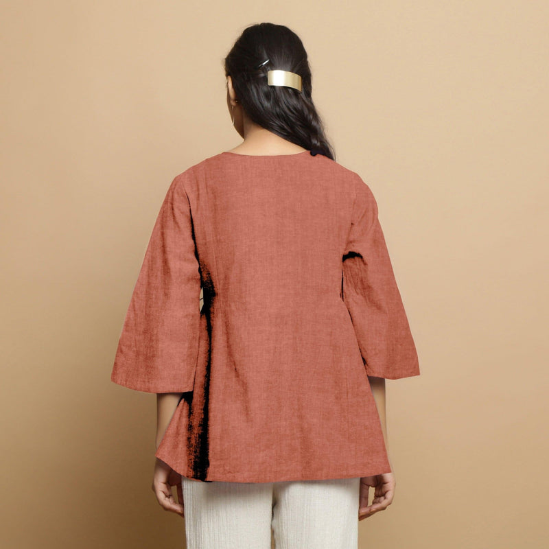 Rust Cotton Linen Asymmetrical V-Neck Godet Top