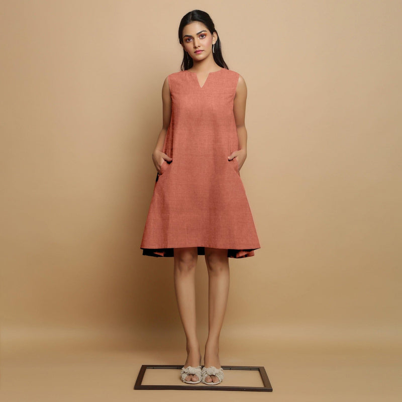 Rust Cotton Linen Hand Embroidered Knee-Length Godet Dress