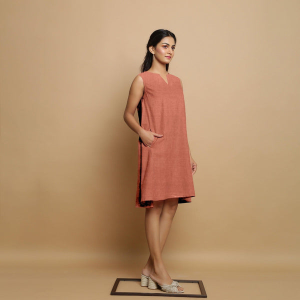 Rust Cotton Linen Hand Embroidered Knee-Length Godet Dress