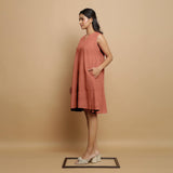 Rust Cotton Linen Hand Embroidered Knee-Length Godet Dress