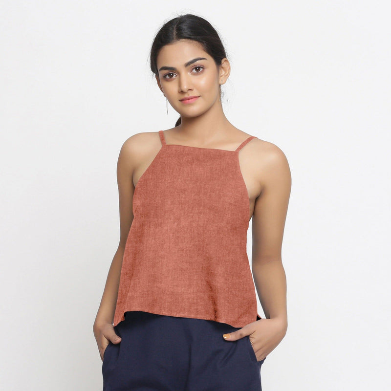 Rust Cotton Linen Relaxed Fit Spaghetti Top