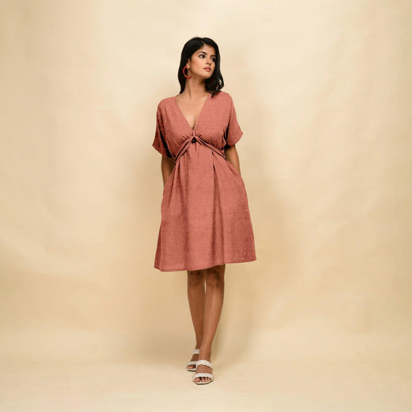 Rust Cotton Linen V-Neck Knee Length Blouson Dress