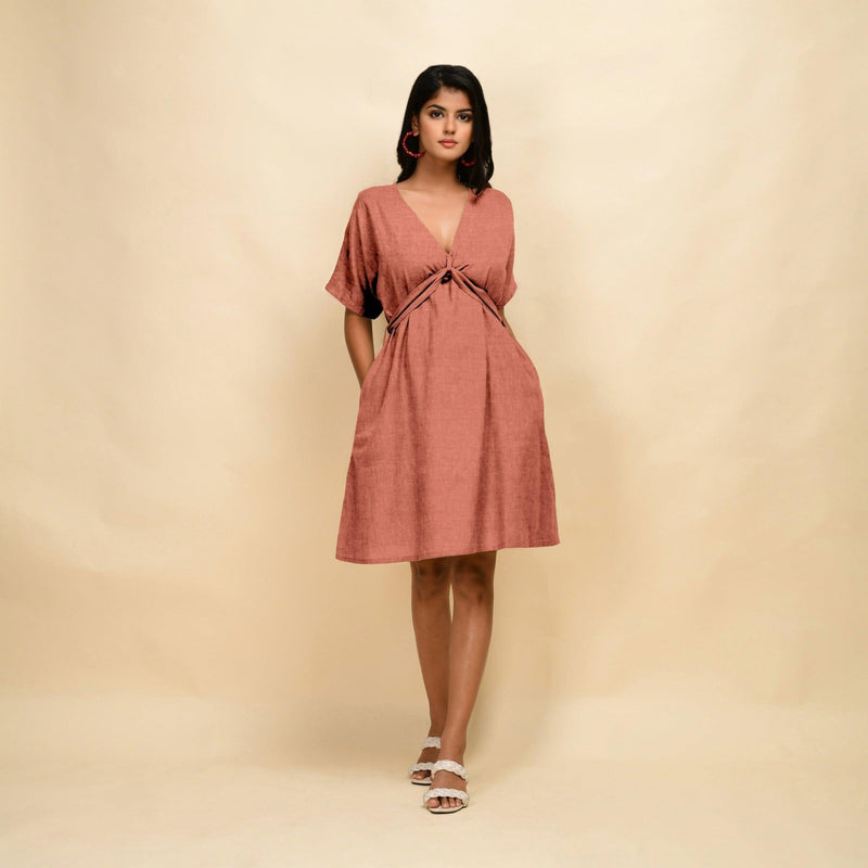 Rust Cotton Linen V-Neck Knee Length Blouson Dress