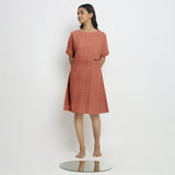 Rust Cotton Linen Yoked Knee Length Shift Dress