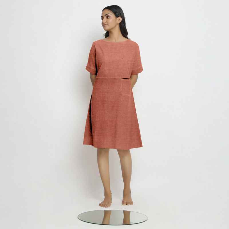 Rust Cotton Linen Yoked Knee Length Shift Dress