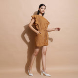 Right View of a Model wearing Rust Handspun Solid Cotton Playsuit